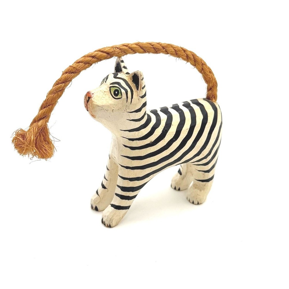 Hand Carved Zebra Cat Figurine Rope Tail Folk Art Animal Decor Unique